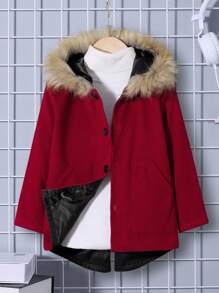 SHEIN Chico joven Abrigo ribete lanudo con capucha sin jersey - Rojo - Ver 1
