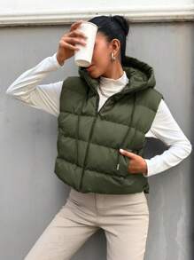 SHEIN Cottnline Zip Up Drawstring Hooded Puffer Vest Coat - Green - View 4
