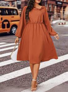 Celure Plus Asymmetrical Neck Lantern Sleeve Dress - Redwood - View 3