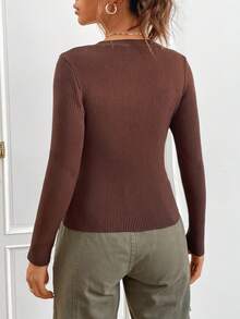 SHEIN EZwear 前紐扣條紋針織修身套頭毛衣 - 棕色 - 查看 2
