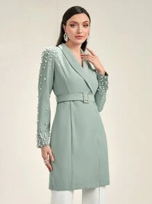 Modelyn Ngọc trai đính cườm Khăn quàng Thắt lưng Áo vest - màu xanh lá - Xem 1