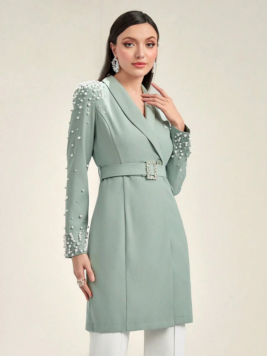 Modelyn Ngọc trai đính cườm Khăn quàng Thắt lưng Áo vest - màu xanh lá - Xem 1