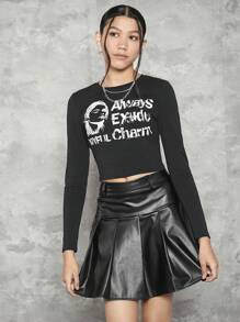 SHEIN Teen Girl Slogan and Figure Graphic Tee & PU Leather Pleated Skirt - Black - View 1