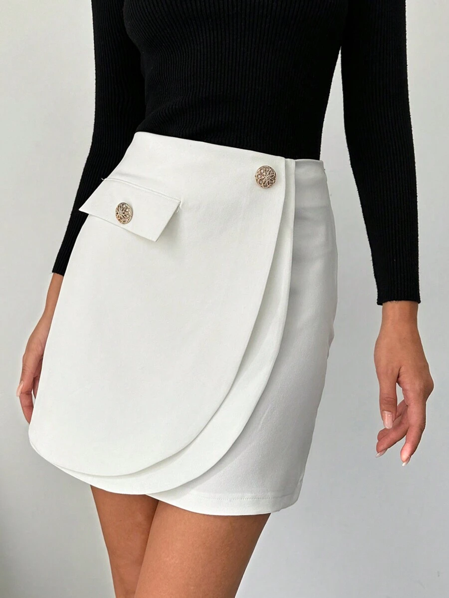EURMUSE Button Flap Detail Wrap Skirt - White - View 1