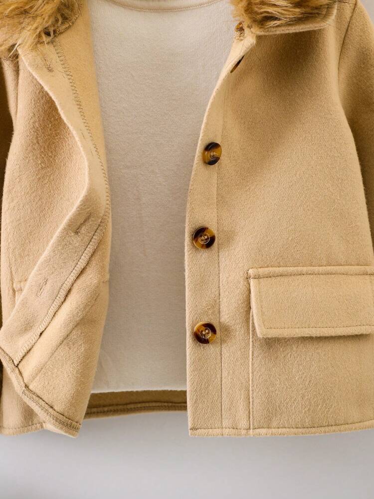 Young Girl Fuzzy Trim Hooded Flap Detail Overcoat Without Sweater