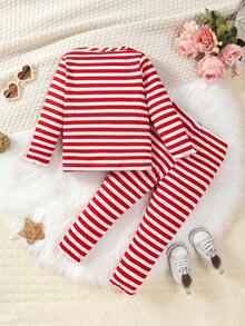 SHEIN Baby Girl Striped Print Tee & Pants - Red and White - View 2