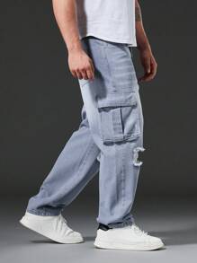 Manfinity Hombres talla grande Jeans cargo desgarro con bolsillo lateral con solapa - Gris - Ver 7