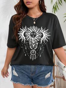 INAWLY Talla grande Camiseta de hombros caídos sol & con estampado de mariposa - Negro - Ver 5