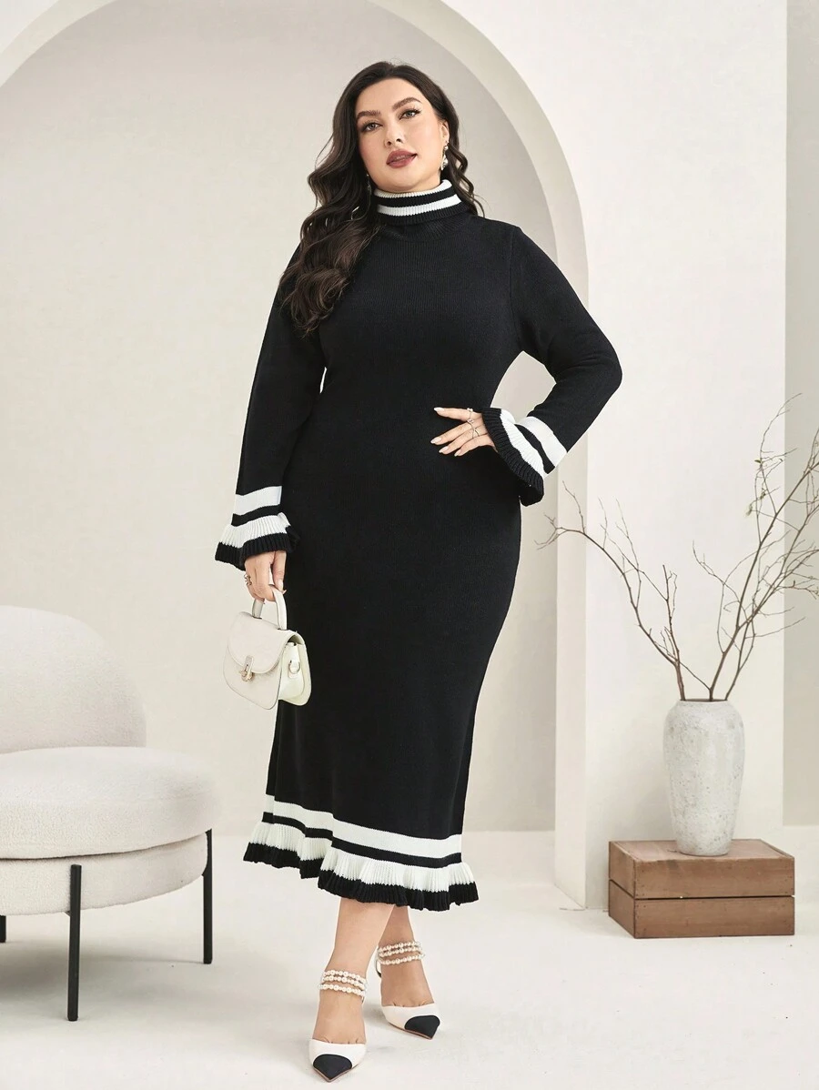 Modelyn 大碼條紋圖案荷葉袖荷葉邊毛衣洋裝 - 黑與白 - 查看 1