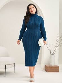 Mulvari 大碼高領麻花編織毛衣洋裝 - 藍色 - 查看 1