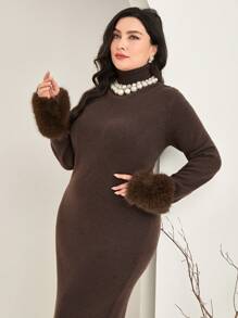 Modelyn Plus Fuzzy Cuff Sweater Dress - Coffee Brown - View 6