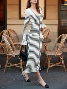 SHEIN Frenchy In sọc Nút phía trước Đầm - Nhiều màu - Xem 3