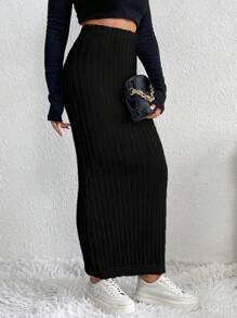 SHEIN LUNE Solid Ribbed Knit Sweater Skirt - Black - View 4