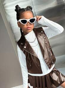 SHEIN 女大童1入組前拉鍊PU皮革夾克背心 - 棕色 - 查看 1