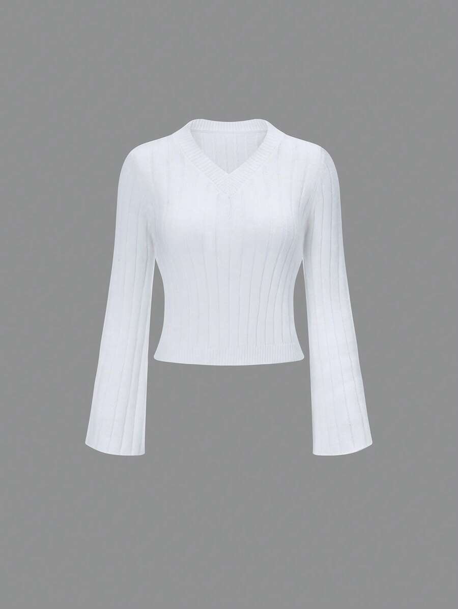SHEIN Unity Solid V Neck Ribbed Knit Pullover Fall Winter Sweater - White - View 1