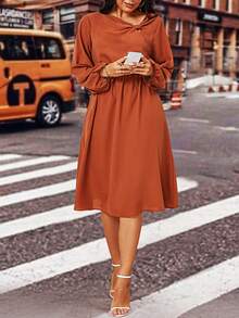 Celure Plus Asymmetrical Neck Lantern Sleeve Dress - Redwood - View 4