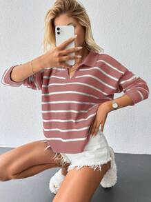Cloudara Striped Pattern Drop Shoulder Sweater - Pink - View 5