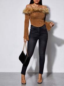 SHEIN PETITE Off Shoulder Trang trí Fuzzy Áo thun - Lạc đà - Xem 4