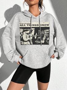 SHEIN EZwear Đồ họa Hình & Khẩu hiệu Thả vai Dây rút Hoodie - Màu Xám nhạt - Xem 1