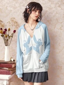 ROMWE Kawaii Star Print Raglan Sleeve Drawstring Hoodie - Baby Blue - View 1