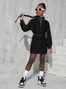 SHEIN 女大童半拉鏈落肩袖洋裝不帶腰包 - 黑色 - 查看 3