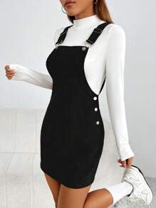 SHEIN PETITE Solid Overall Dress Without Tee - Black - View 4