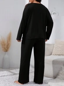Snug Zone Plus Contrast Lace Drop Shoulder PJ Set / Pajama Set - Black - View 2