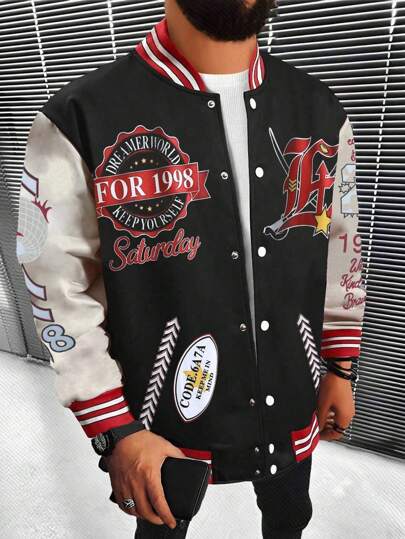 Guys Letter Graphic Striped Trim Varsity Jacket Without Hoodie