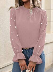 SHEIN Clasi 珍珠串珠荷葉袖褶邊領襯衫 - 粉色 - 查看 1