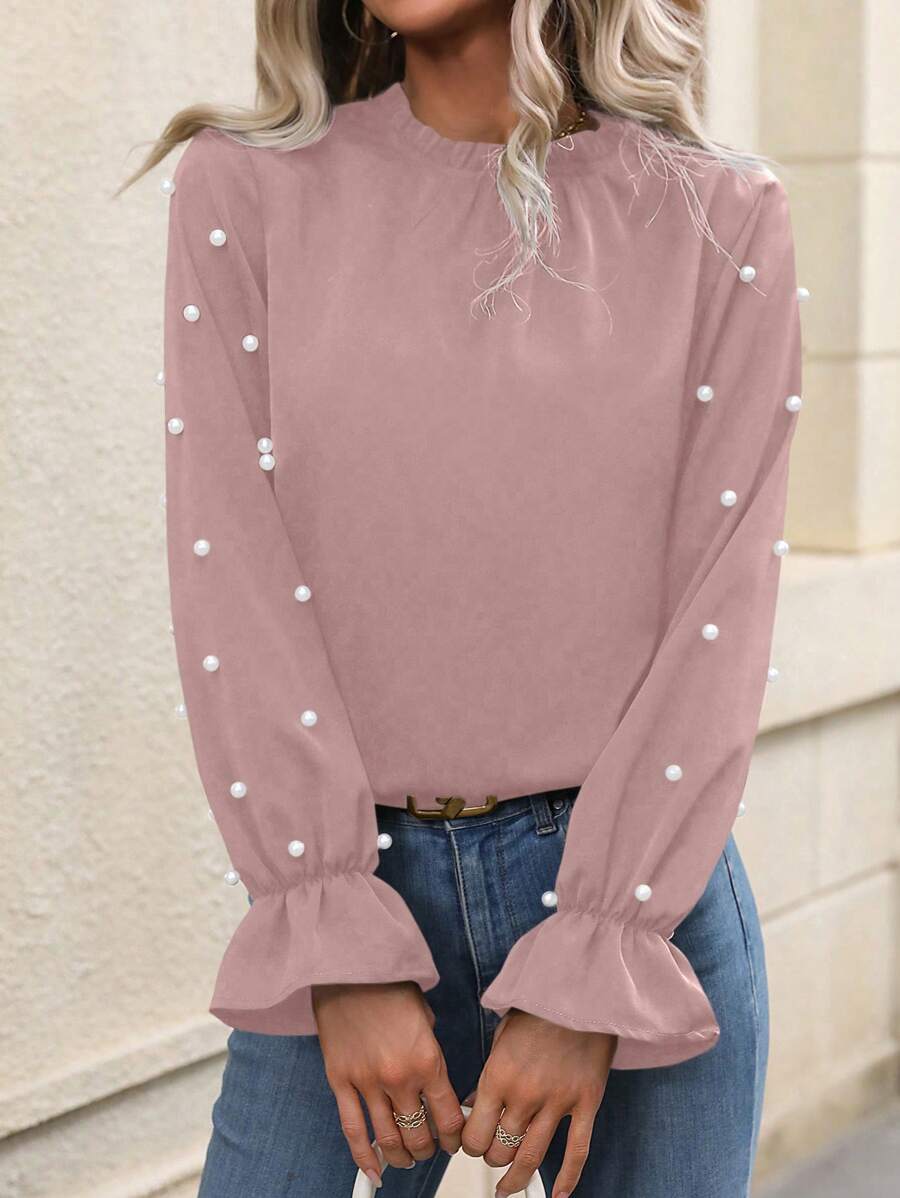 SHEIN Clasi 珍珠串珠荷葉袖褶邊領襯衫 - 粉色 - 查看 1