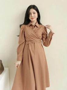 DAZY 女士商務風褐色衣服,帶有襯衫領和長袖 - 卡其色 - 查看 3