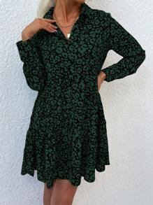 SHEIN Clasi Allover Print Ruffle Hem Smock Dress - Green - View 5