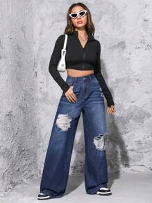 SHEIN Ripped Wide Leg Jeans - Dark Wash - View 5