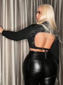 SHEIN SXY Plus Mock Neck Backless Crop Blouse