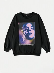 SHEIN EZwear 大碼人像圖案落肩袖運動衫