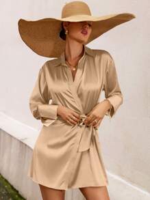 Aveloria 落肩袖側打結緞面洋裝 - 香檳色 - 查看 5