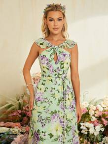 Floral Print Ruffle Trim Belted Maxi Chiffon Bridesmaid Dress - Green - View 6