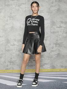 SHEIN Teen Girl Slogan and Figure Graphic Tee & PU Leather Pleated Skirt - Black - View 3