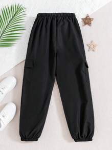Sparklyn Tween Girl Letter Patched Detail Flap Pocket Drawstring Waist Cargo Pants - Black - View 2