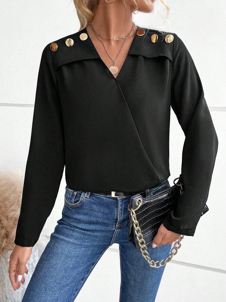Button Detail Surplice Neck Blouse Fall Cloth For Women