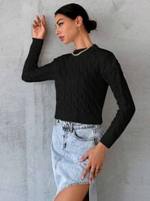 EURMUSE Solid Drop Shoulder Crop Sweater - Black - View 5