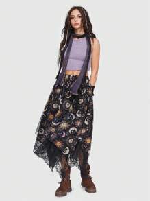 Hippie 太陽月亮圖案蕾絲拼接手帕下擺半身裙 - 黑色 - 查看 2