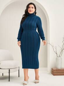 Mulvari 大碼高領麻花編織毛衣洋裝 - 藍色 - 查看 5