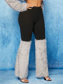 SHEIN SXY Pantalones acampanados de dos tonos de peluche panel - Multicolor - Ver 6