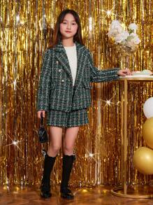 SHEIN Tween Girl Plaid Pattern Double Breasted Tweed Blazer & Shorts - Green - View 6