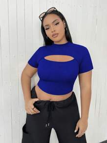 Flirla 大碼前鏤空短款T恤 - 寶藍色 - 查看 1