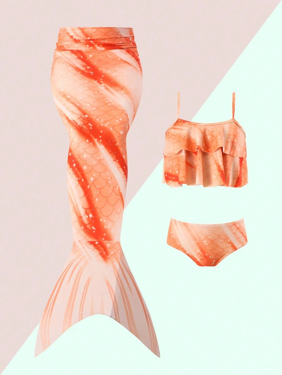 Young Girl Cute Mermaid Style Bikini Set 3pcs Set For Summer Summer Beach - Multicolor - View 1