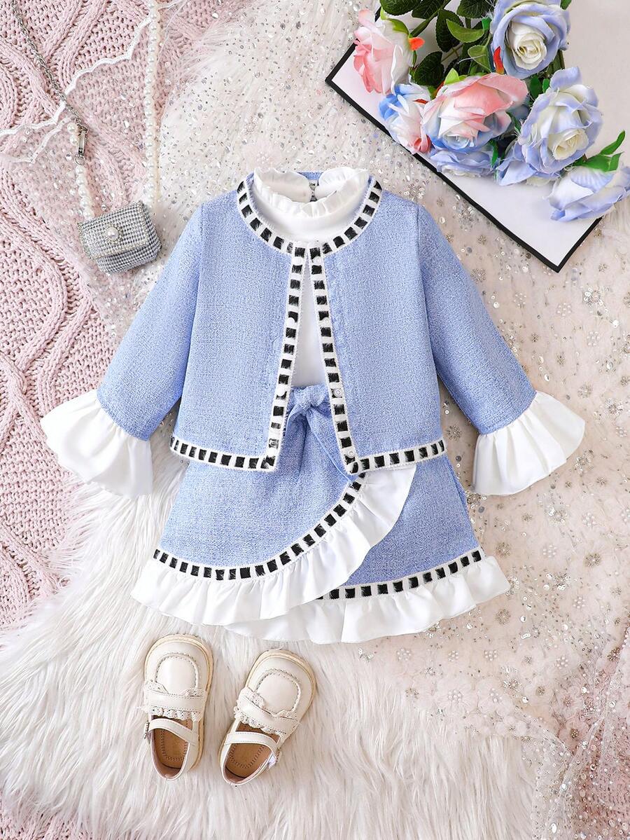 女嬰拼接邊夾克&喇叭袖上衣和裙子 - 藍色 - 查看 1