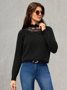 SHEIN Frenchy Ren tương phản Nếp uốn Cổ giả Áo len - màu đen - Xem 2