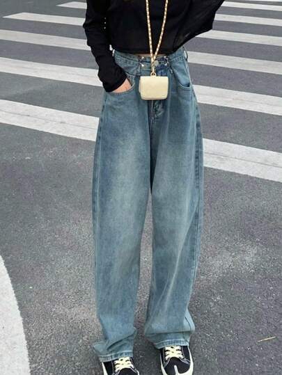 風紀扣細節水洗寬鬆牛仔褲